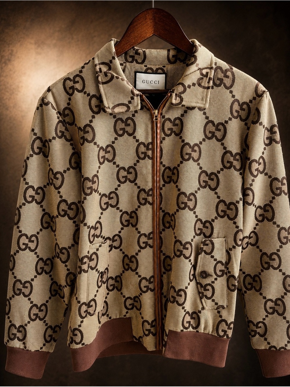 Gucci Beige & Brown Monogram Bomber Jacket